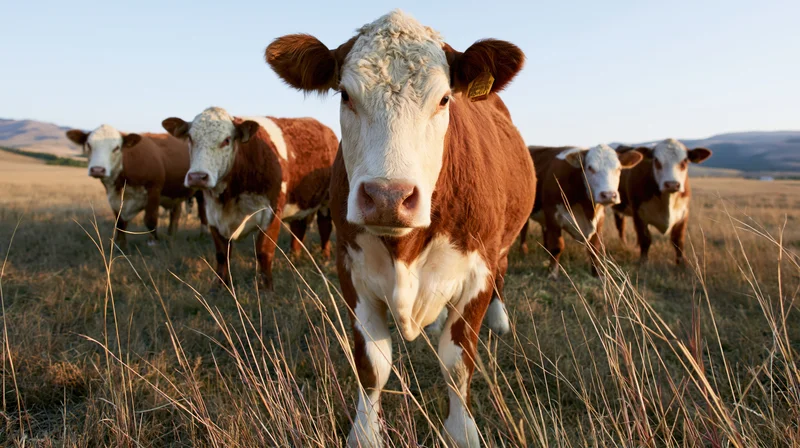 Hereford cattle standing in open pasture with lead cow facing forward