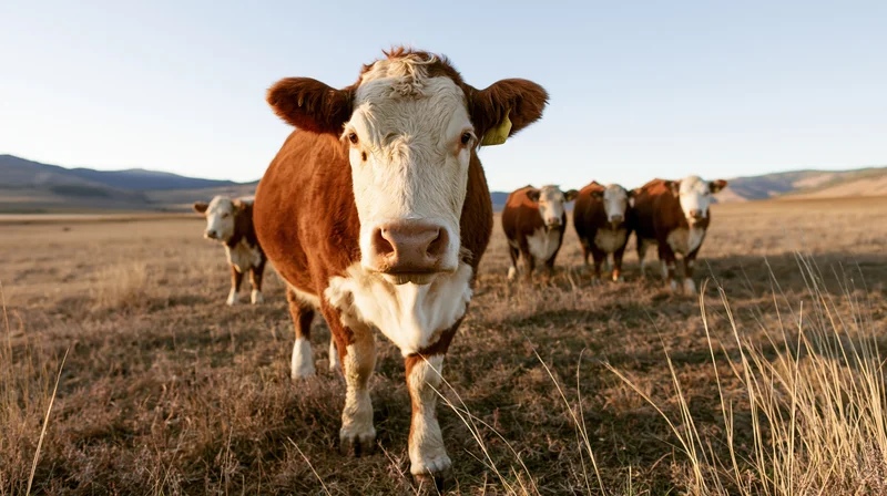 Hereford cow facing camera in open pasture with herd behind, golden light at dusk