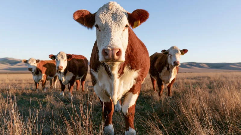 Hereford cattle standing in open pasture with lead cow facing camera