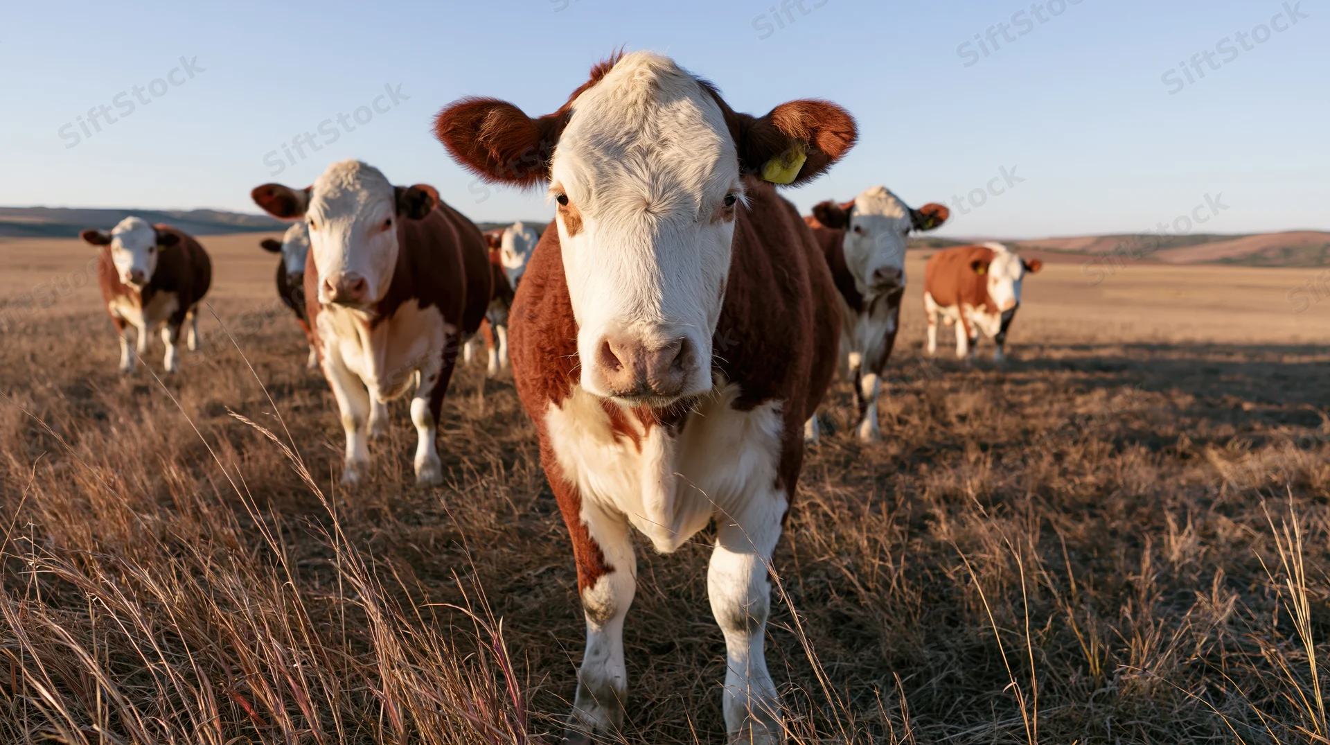 Hereford cattle standing in open pasture with lead cow facing camera
