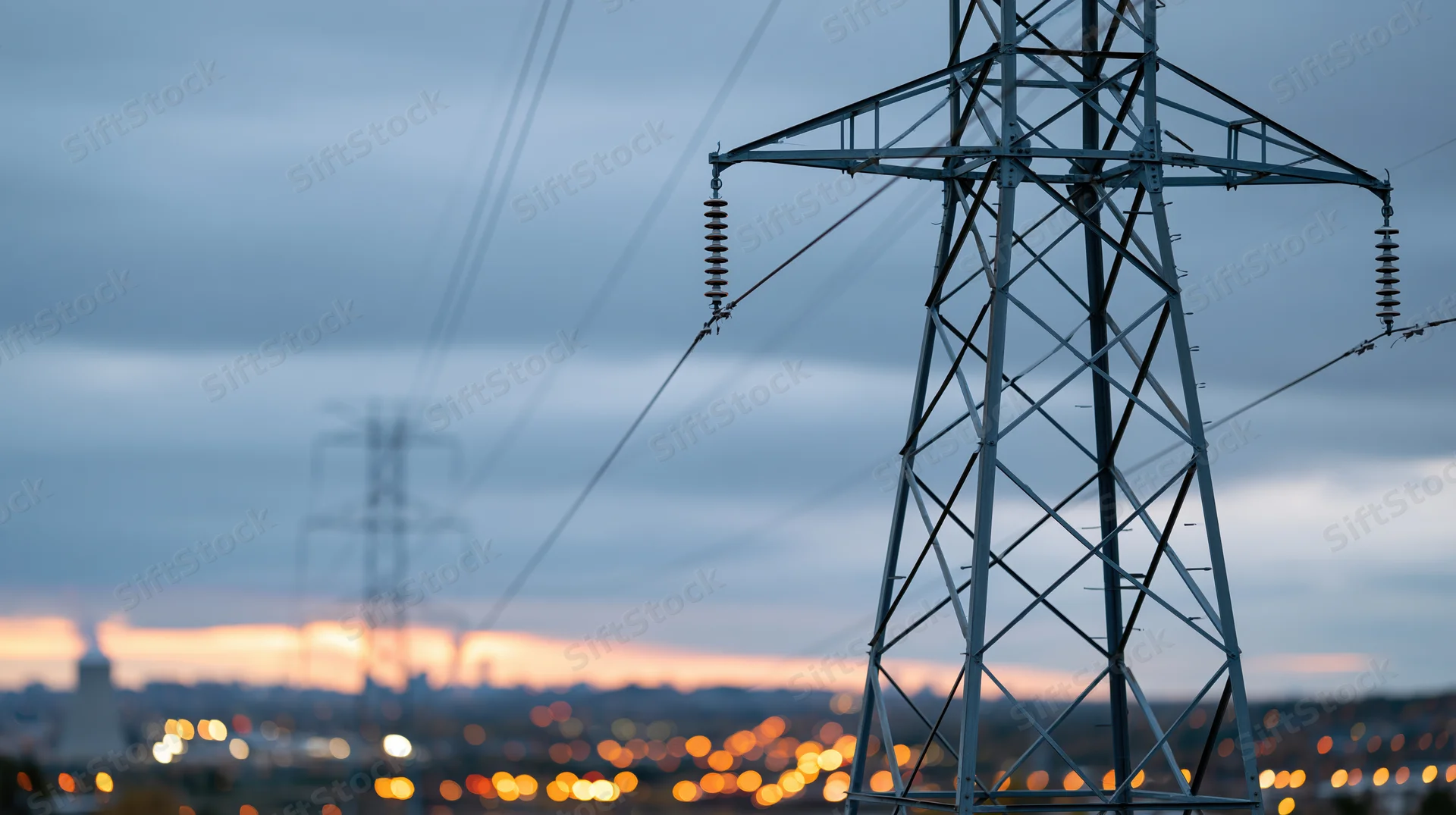 High-voltage transmission tower in sharp focus with city lights blurred in the background at dusk