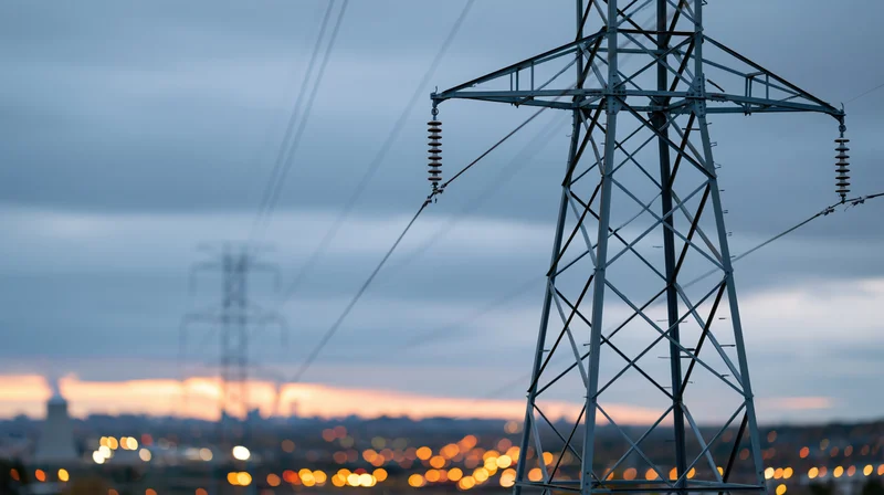 High-voltage transmission tower in sharp focus with city lights blurred in the background at dusk