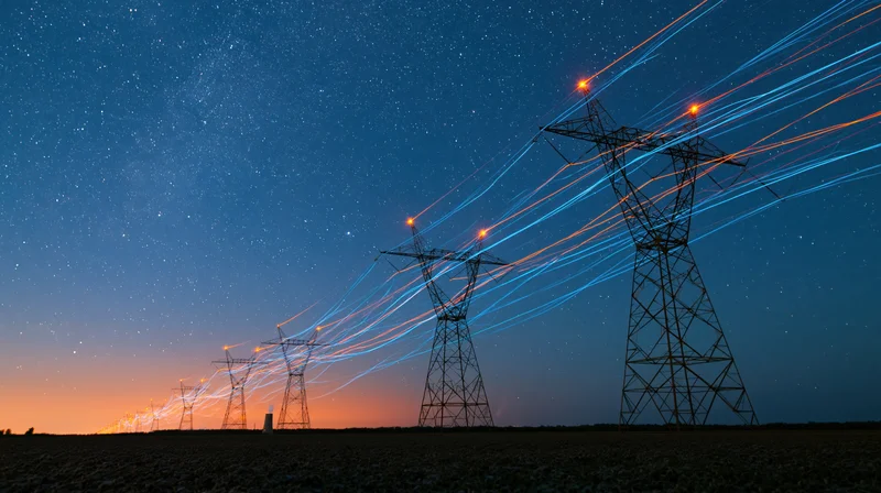 High-voltage transmission towers with light streaks across a starry night sky over a rural field at twilight