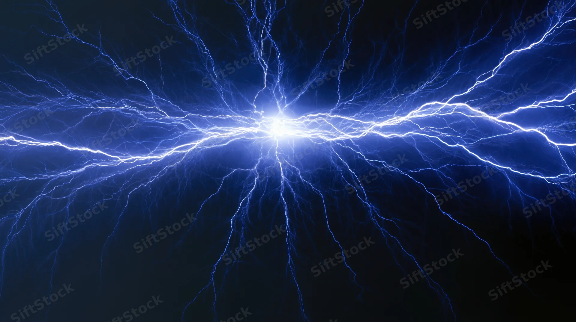 Electric discharge burst with branching plasma tendrils radiating from a central point against a dark background