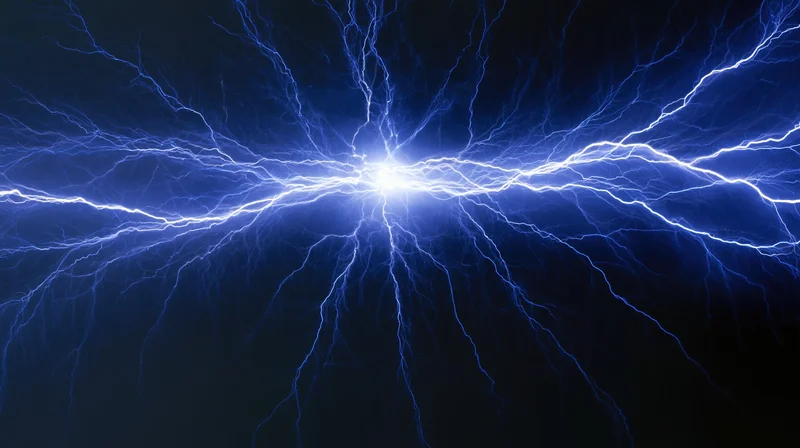 Electric discharge burst with branching plasma tendrils radiating from a central point against a dark background