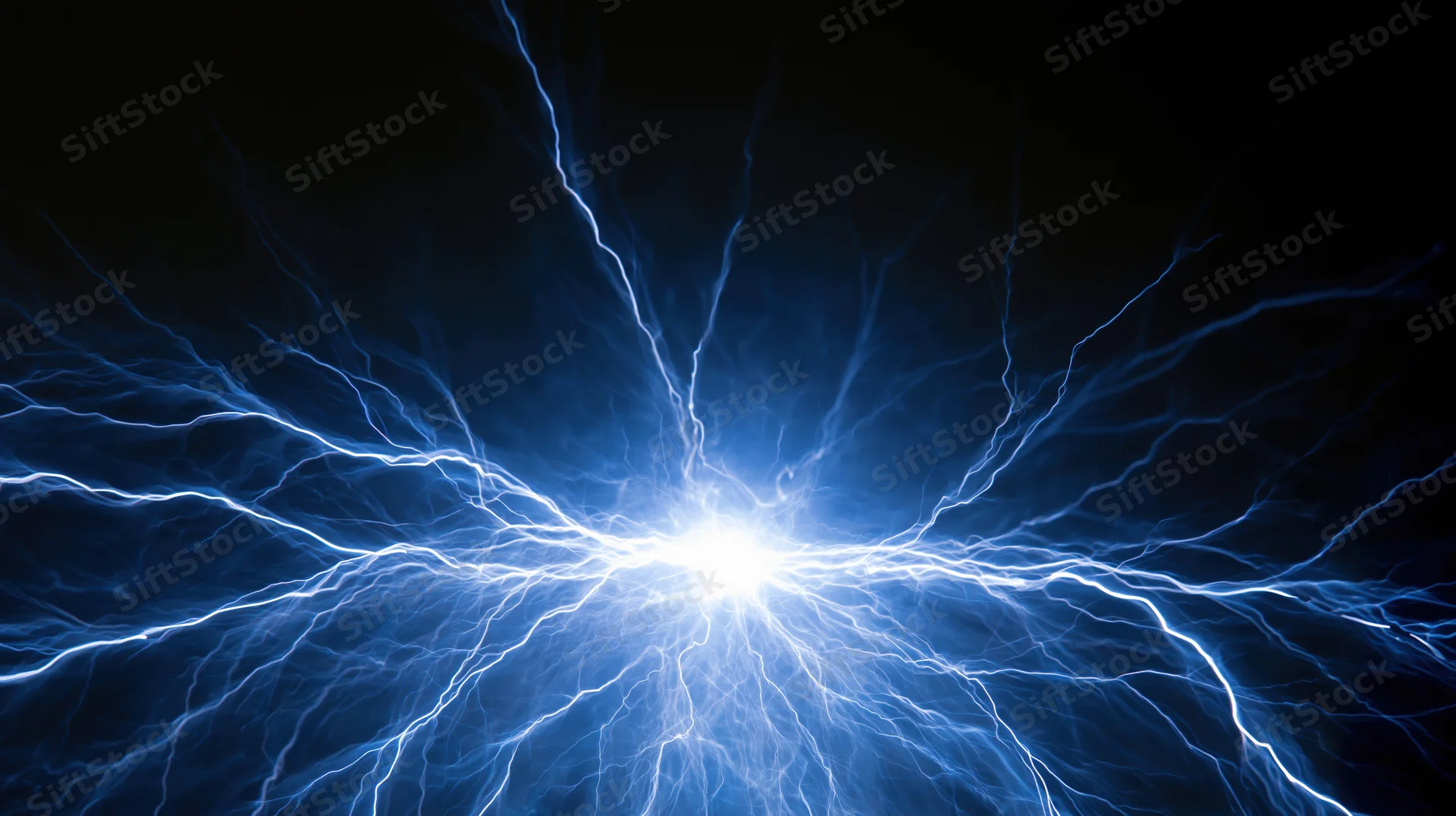 Electric discharge burst with branching plasma tendrils radiating from a central point against a dark background