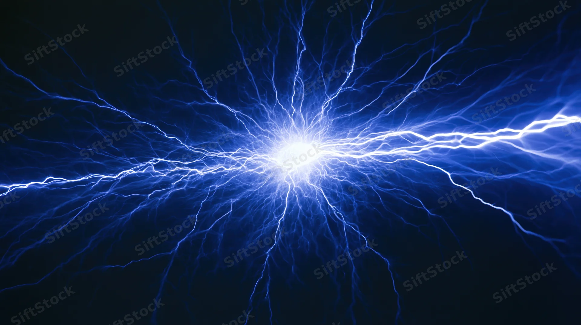 Electric discharge burst with branching plasma filaments radiating from a bright central core against a dark background
