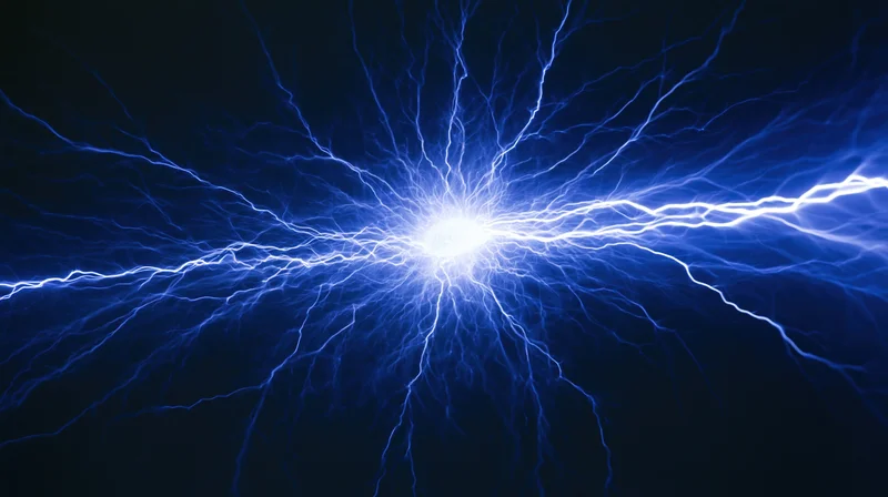 Electric discharge burst with branching plasma filaments radiating from a bright central core against a dark background