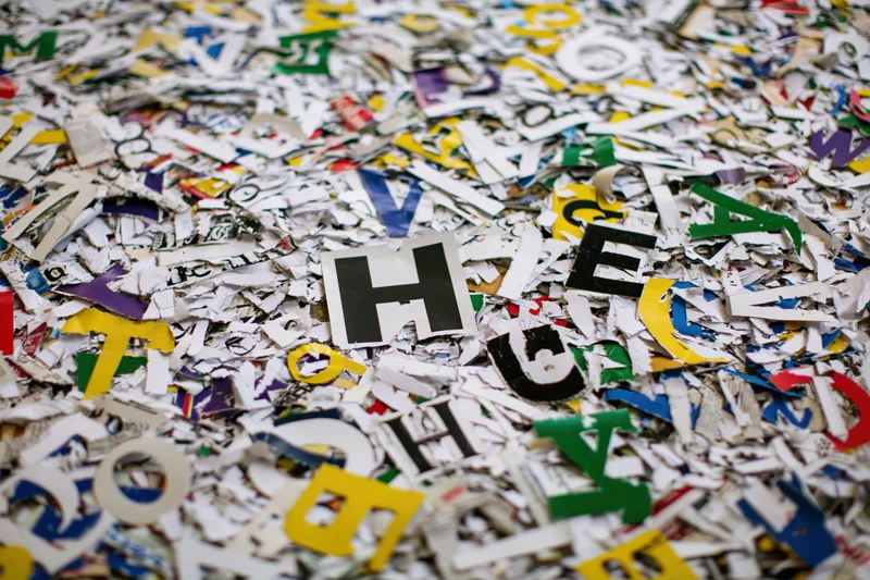 Scattered cutout letters from magazine and newspaper pages covering a surface