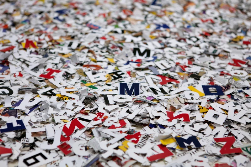 Scattered cut-out letters from magazines and newspapers covering a surface