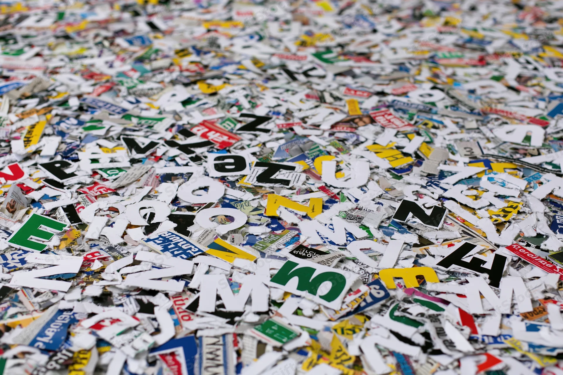 Scattered cut-out letters from magazines and newspapers covering a surface
