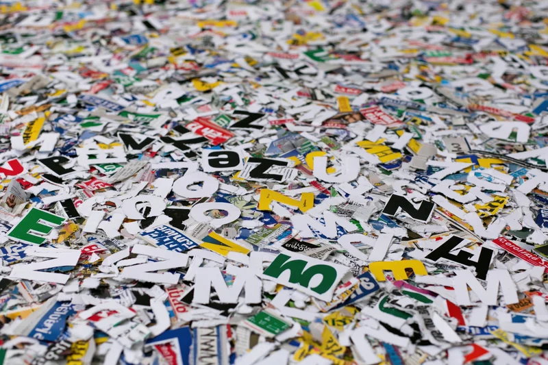 Scattered cut-out letters from magazines and newspapers covering a surface