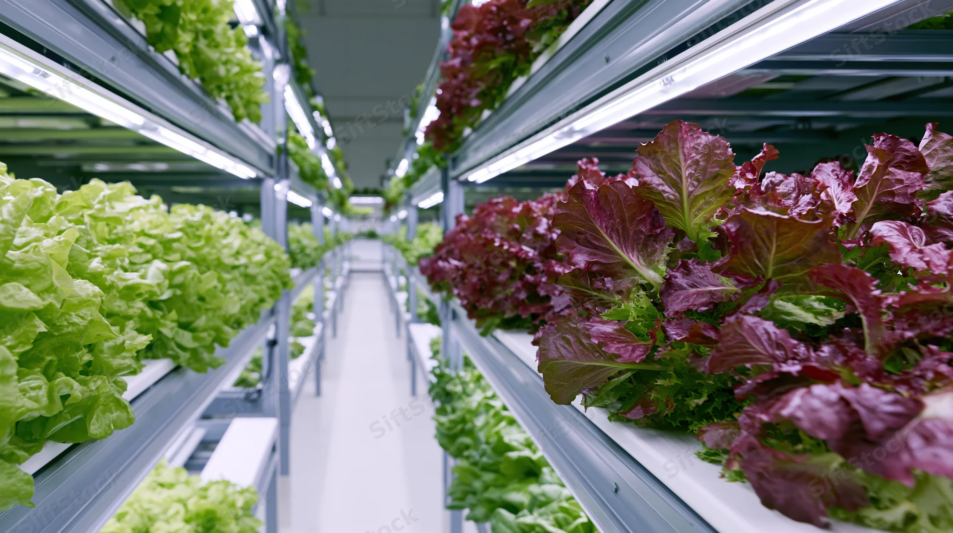 Rows of hydroponic lettuce growing on metal shelves under led lights in an indoor vertical farm aisle