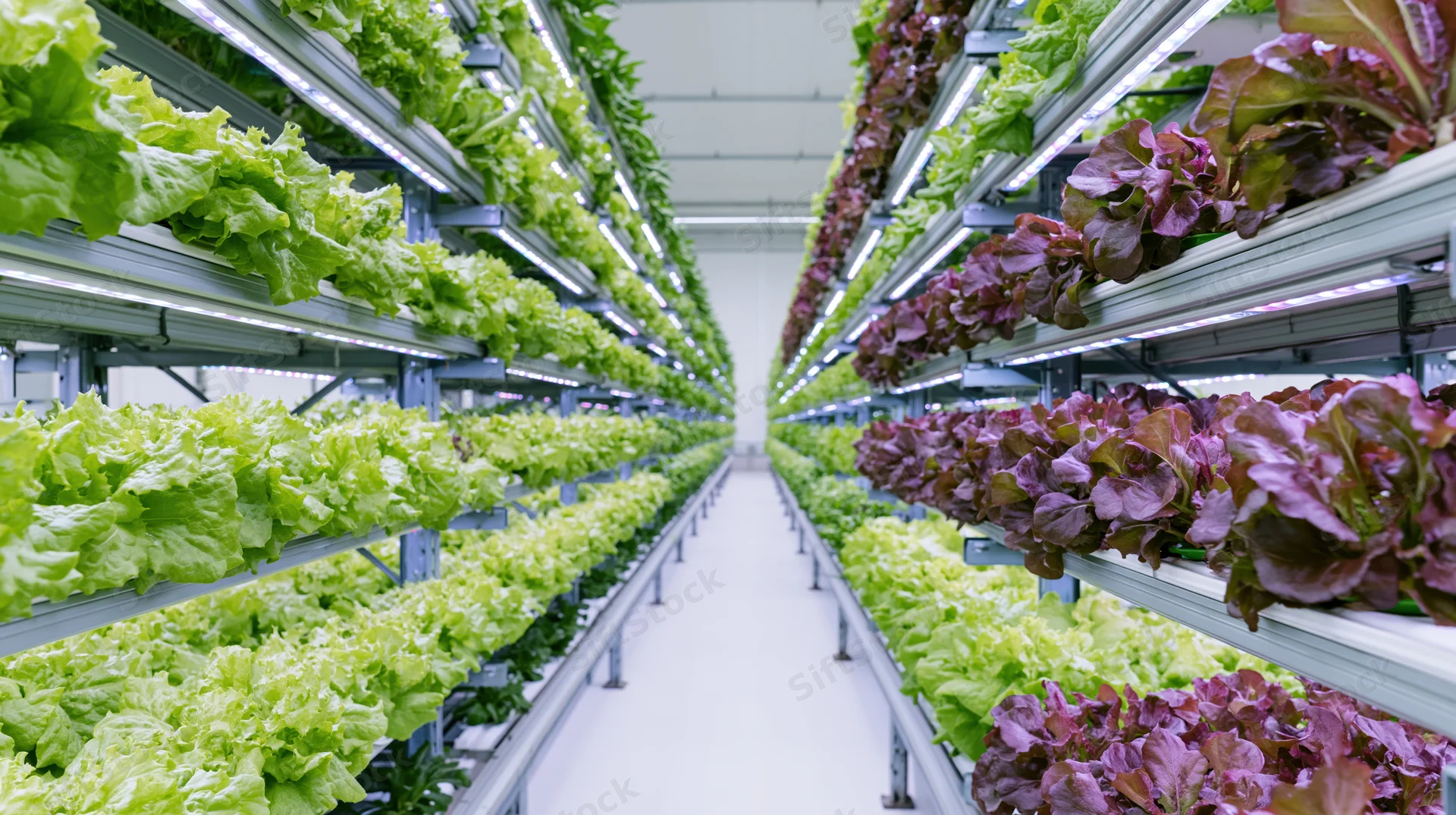 Rows of hydroponic lettuce growing on vertical racks in an indoor farm aisle