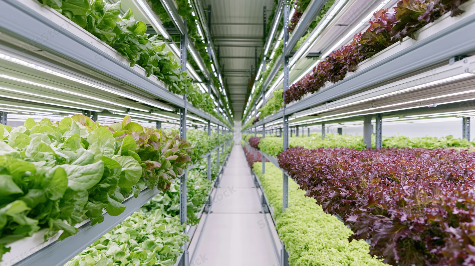 Rows of hydroponic lettuce growing on metal shelves under led lights in a vertical farm aisle