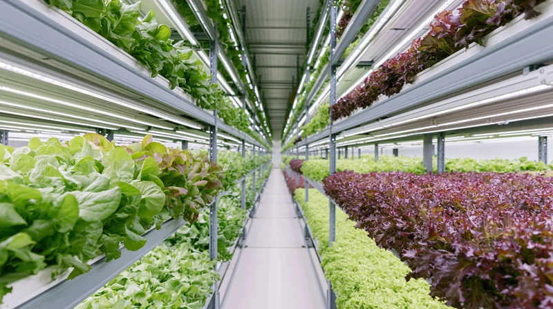 Rows of hydroponic lettuce growing on metal shelves under led lights in a vertical farm aisle