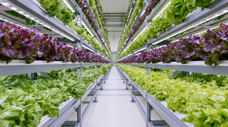 Rows of hydroponic lettuce growing on metal shelves in an indoor vertical farm aisle