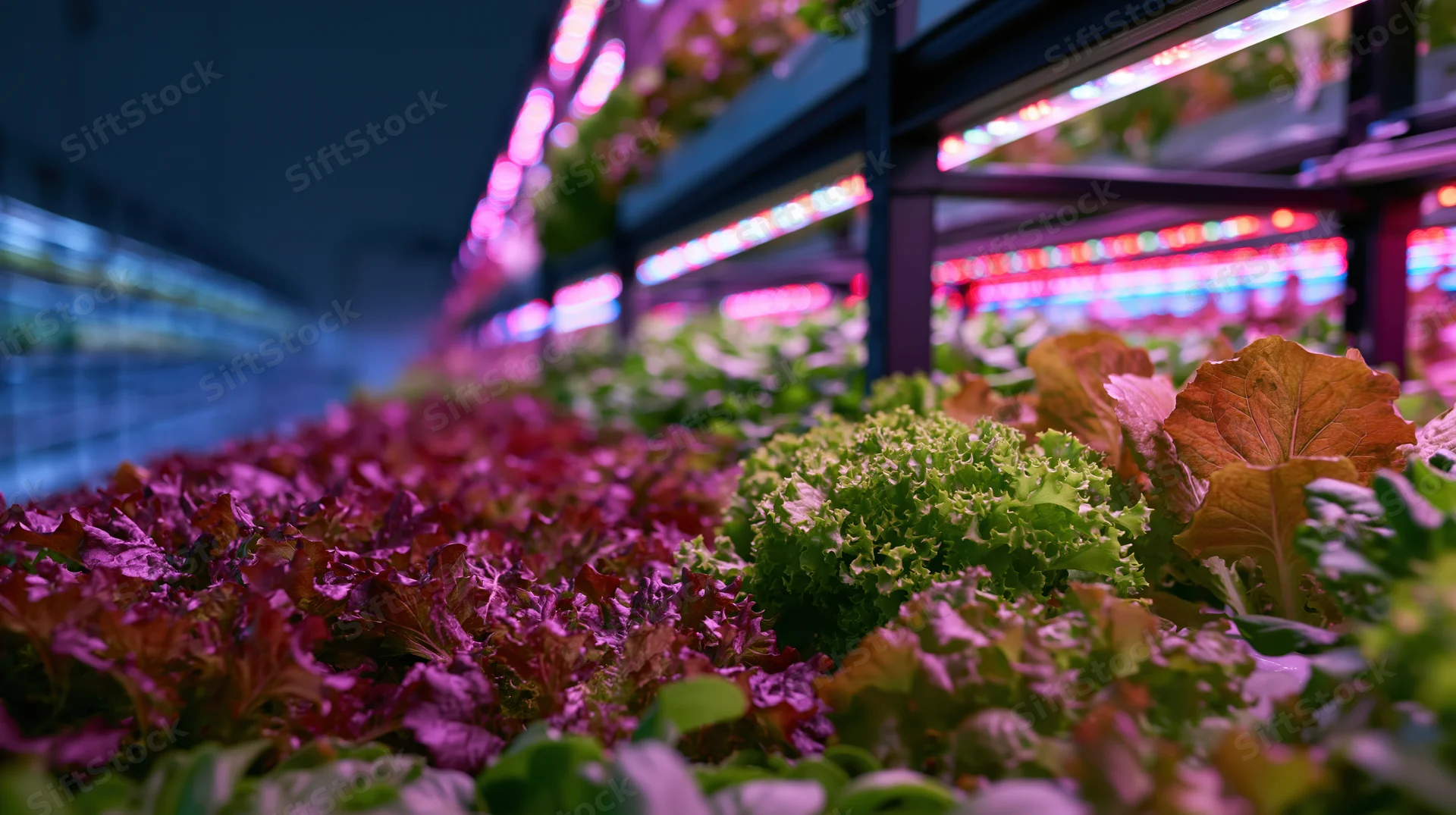 Rows of leafy greens growing under led lights on vertical shelves in an indoor farm