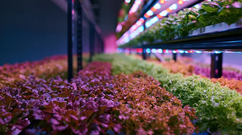 Rows of leafy greens growing under led lights on vertical shelves in an indoor farm