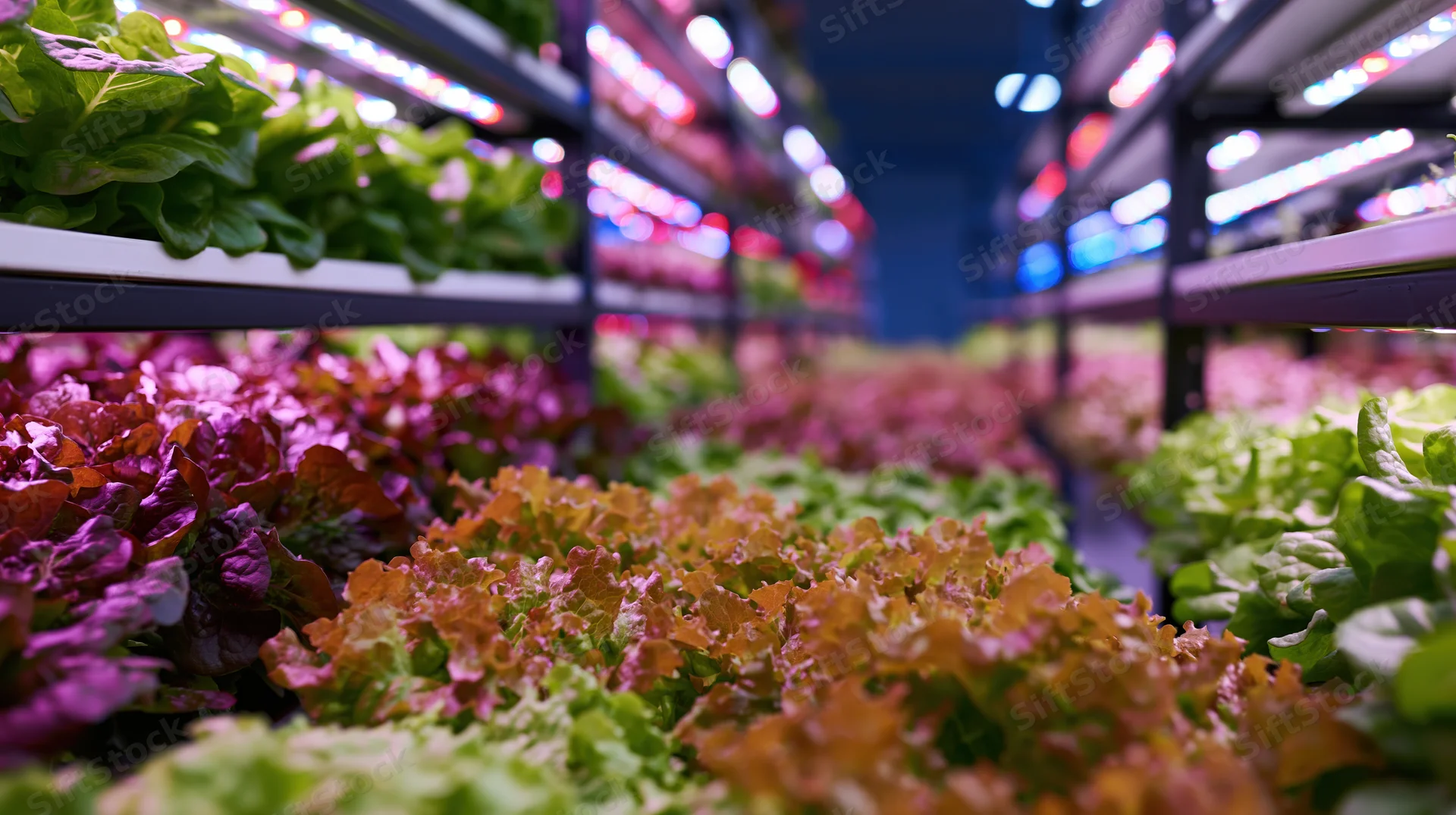 Rows of leafy greens growing under led lights on vertical shelves in an indoor farm