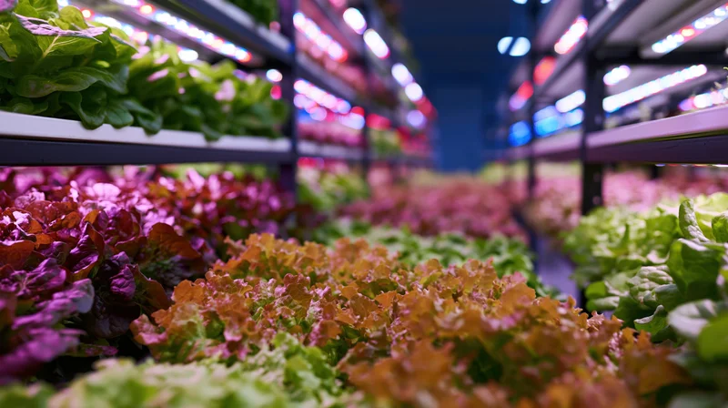 Rows of leafy greens growing under led lights on vertical shelves in an indoor farm