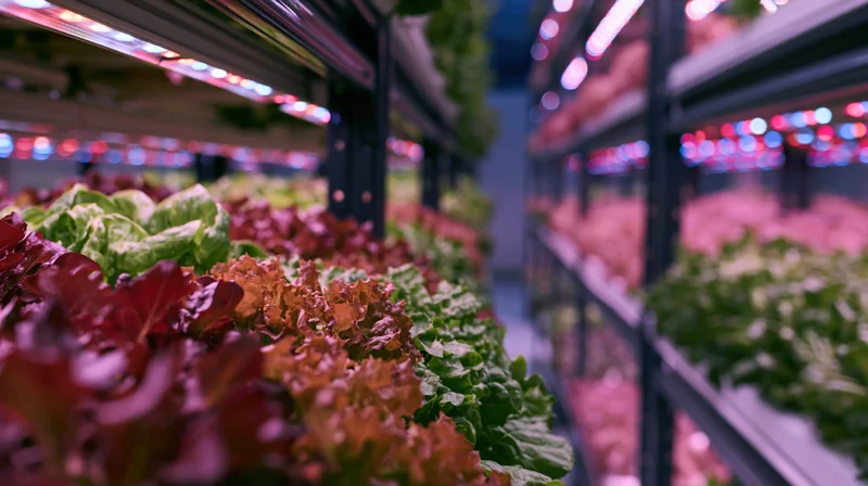 Rows of leafy greens growing under led lights on vertical shelves in an indoor farm