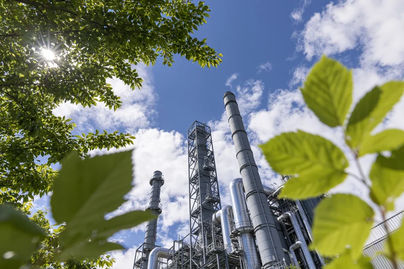 Industrial power plant with tall metal smokestacks and pipes viewed through green tree leaves against a blue sky with clouds
