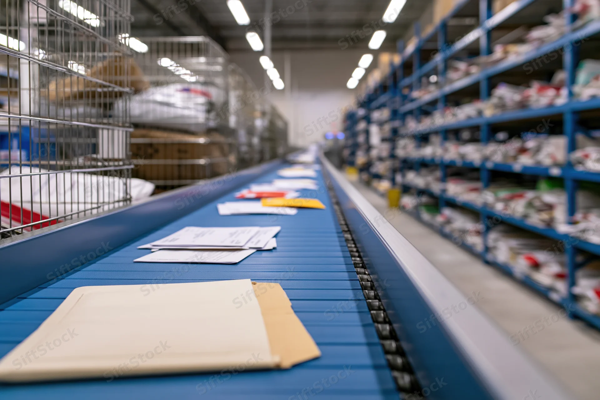 Mail sorting on a conveyor belt inside a postal facility