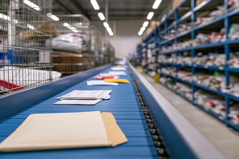 Mail sorting on a conveyor belt inside a postal facility