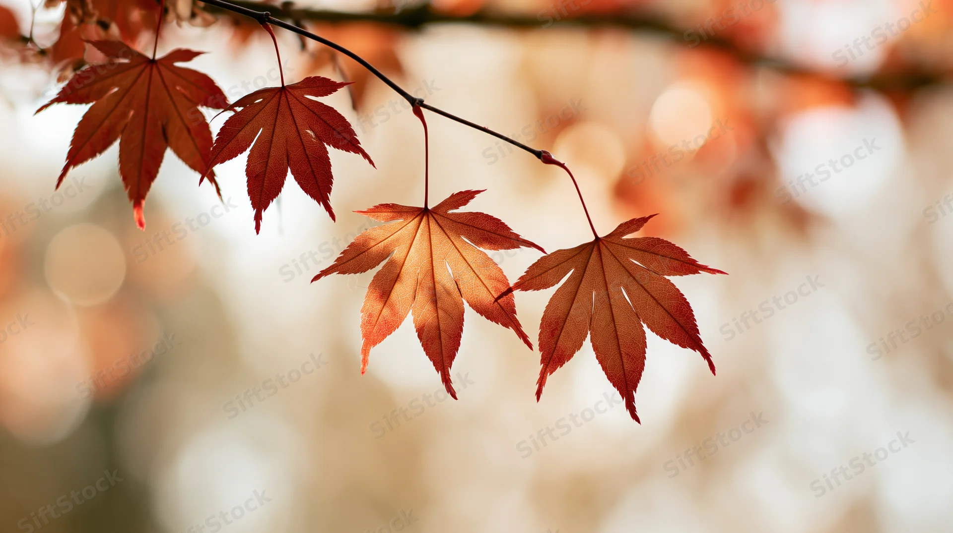 Red-orange maple leaves on a branch against a soft blurred background