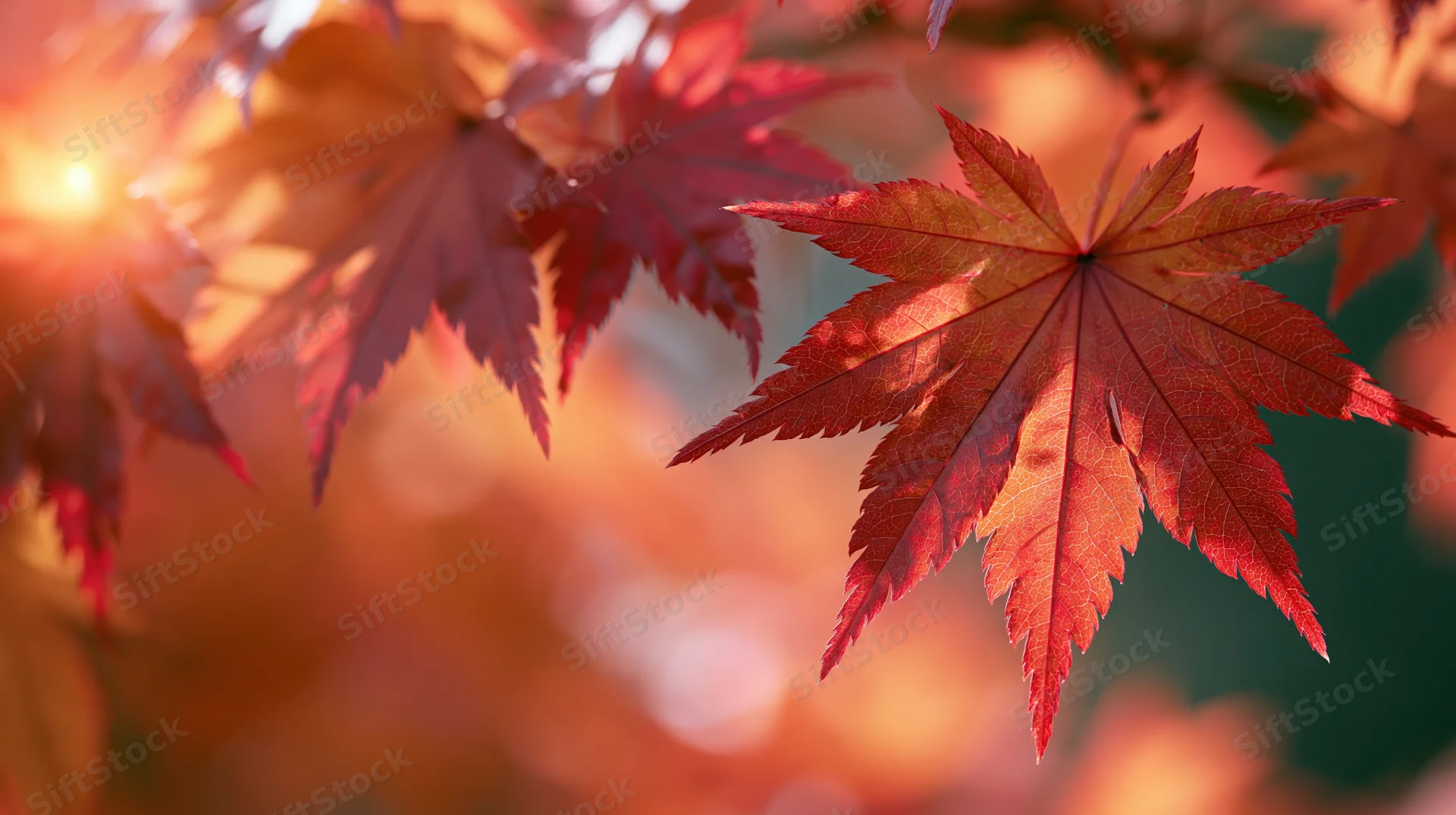 Close-up of red maple leaves in autumn sunlight with blurred background