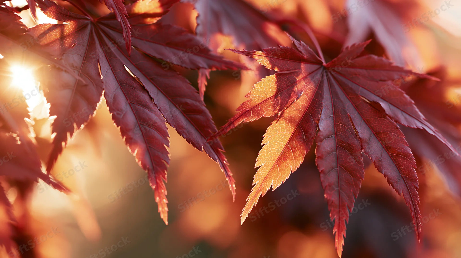 Close-up of red maple leaves backlit by warm sunlight in autumn garden