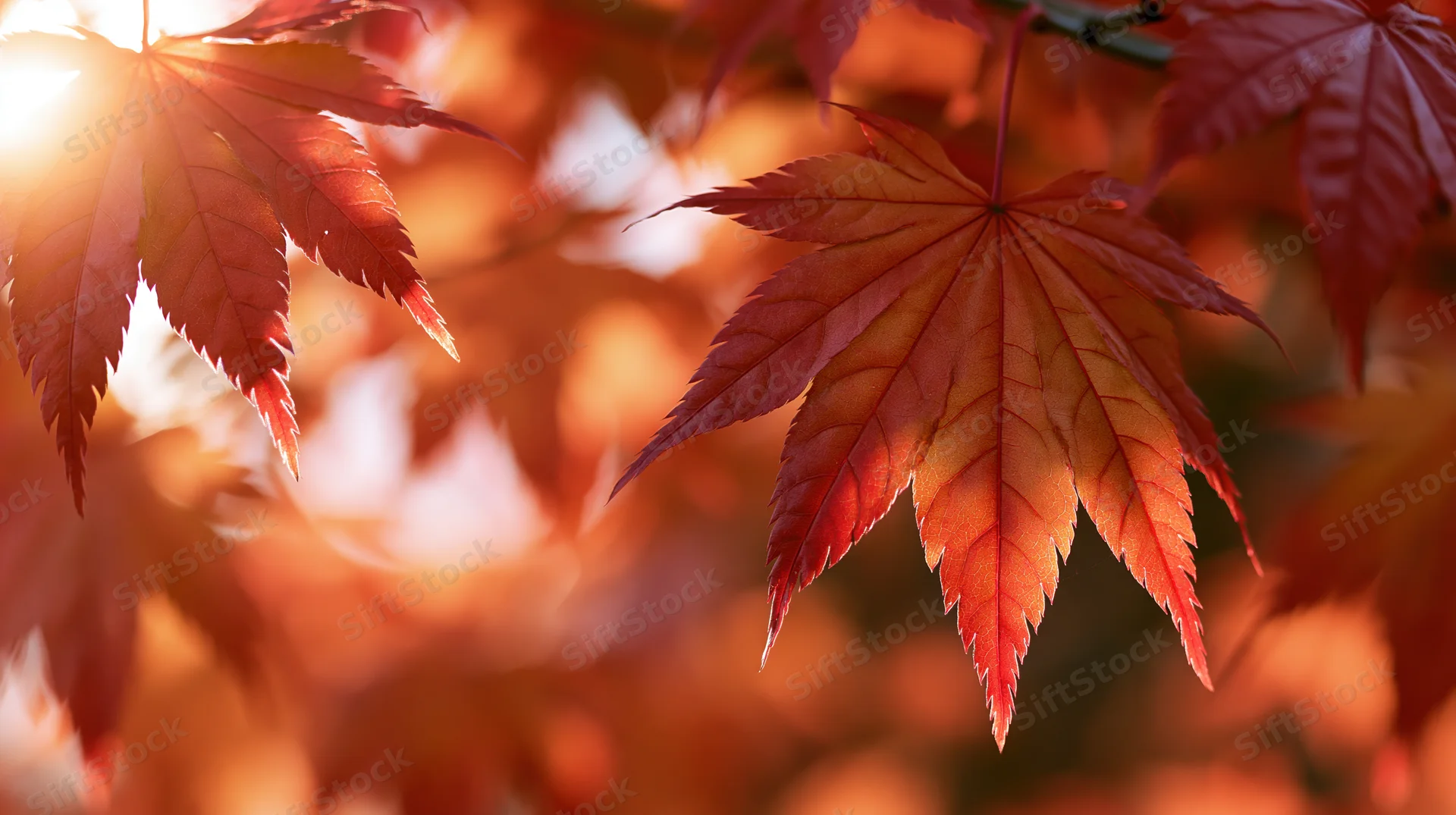 Close-up of red and orange Japanese maple leaves backlit by sunlight in autumn foliage