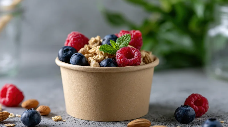 Kraft paper cup filled with granola, raspberries, blueberries, and mint on a gray countertop