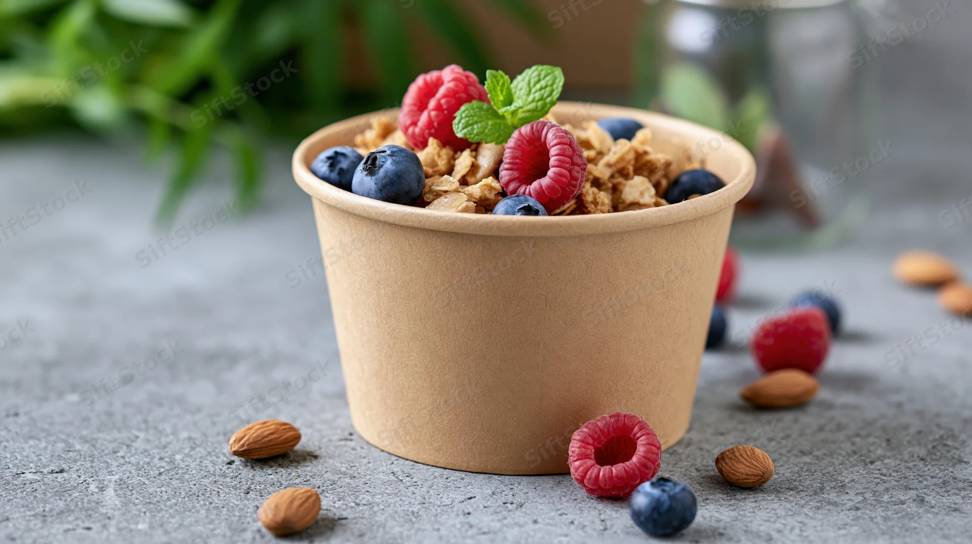 Kraft paper cup filled with granola, raspberries and blueberries on gray surface with scattered almonds and mint leaf