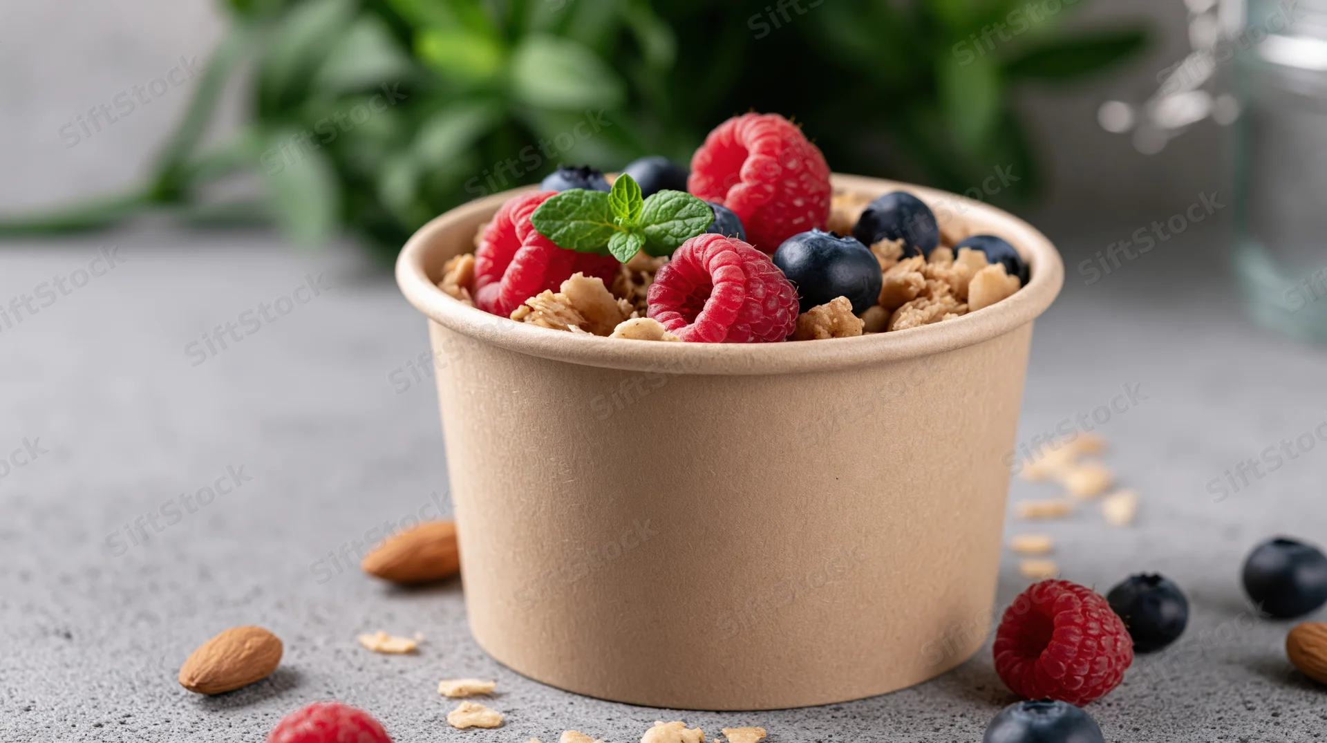 Kraft paper cup filled with granola, raspberries and blueberries on a gray surface
