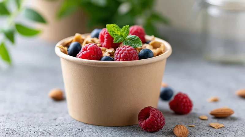 Kraft paper cup filled with granola, raspberries, blueberries and mint on a gray surface