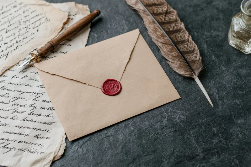 Kraft paper envelope with red wax seal lying on dark grey slate surface beside handwritten letter, quill pen and ink bottle