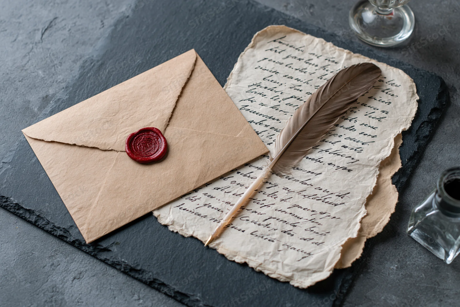 Kraft paper envelope with red wax seal and handwritten letter on parchment, quill pen and inkwell on dark slate surface