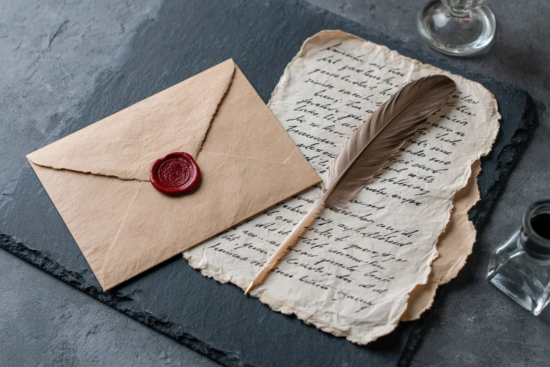 Kraft paper envelope with red wax seal and handwritten letter on parchment, quill pen and inkwell on dark slate surface
