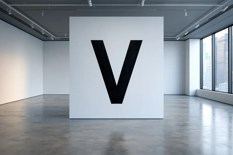 Large black letter v on freestanding white wall in modern art gallery space