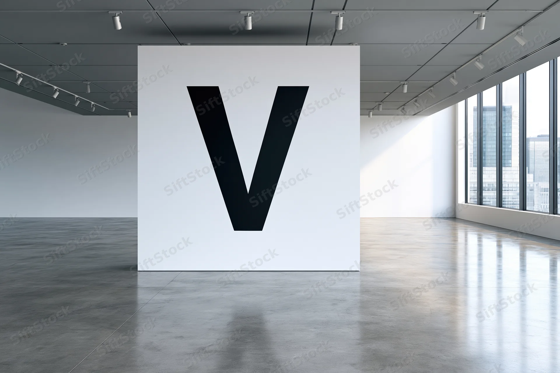 Large bold black letter v on freestanding white wall in modern gallery space with concrete floor and city view through windows