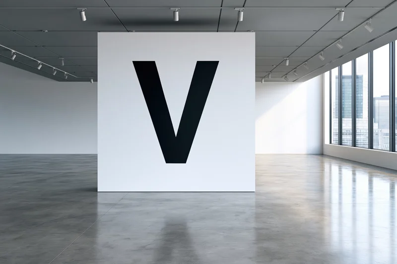 Large bold black letter v on freestanding white wall in modern gallery space with concrete floor and city view through windows