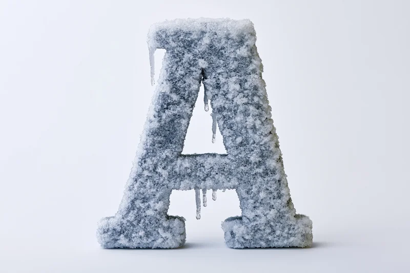 Frost-covered capital letter A with icicles hanging on a white background