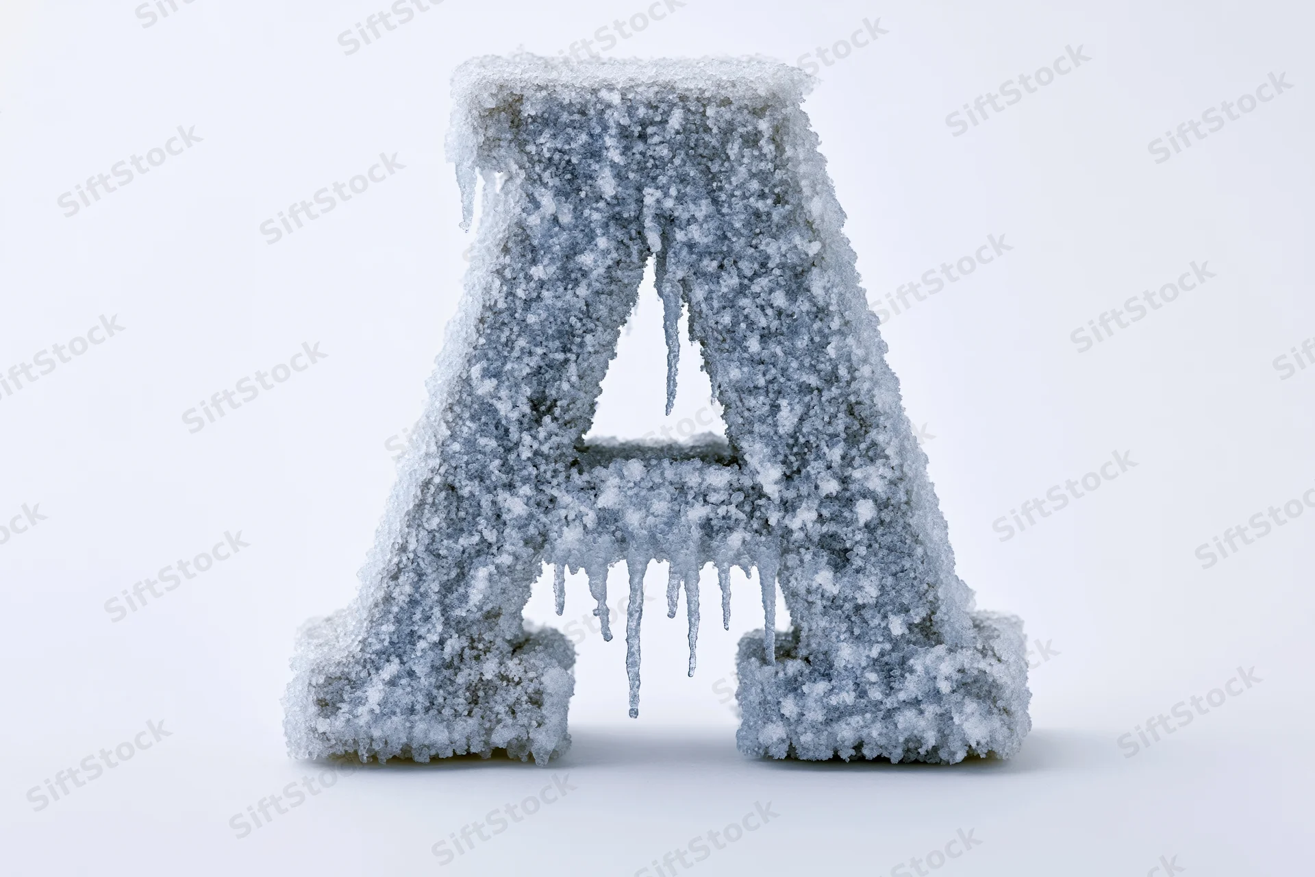 Frost-covered capital letter a with icicles on white background