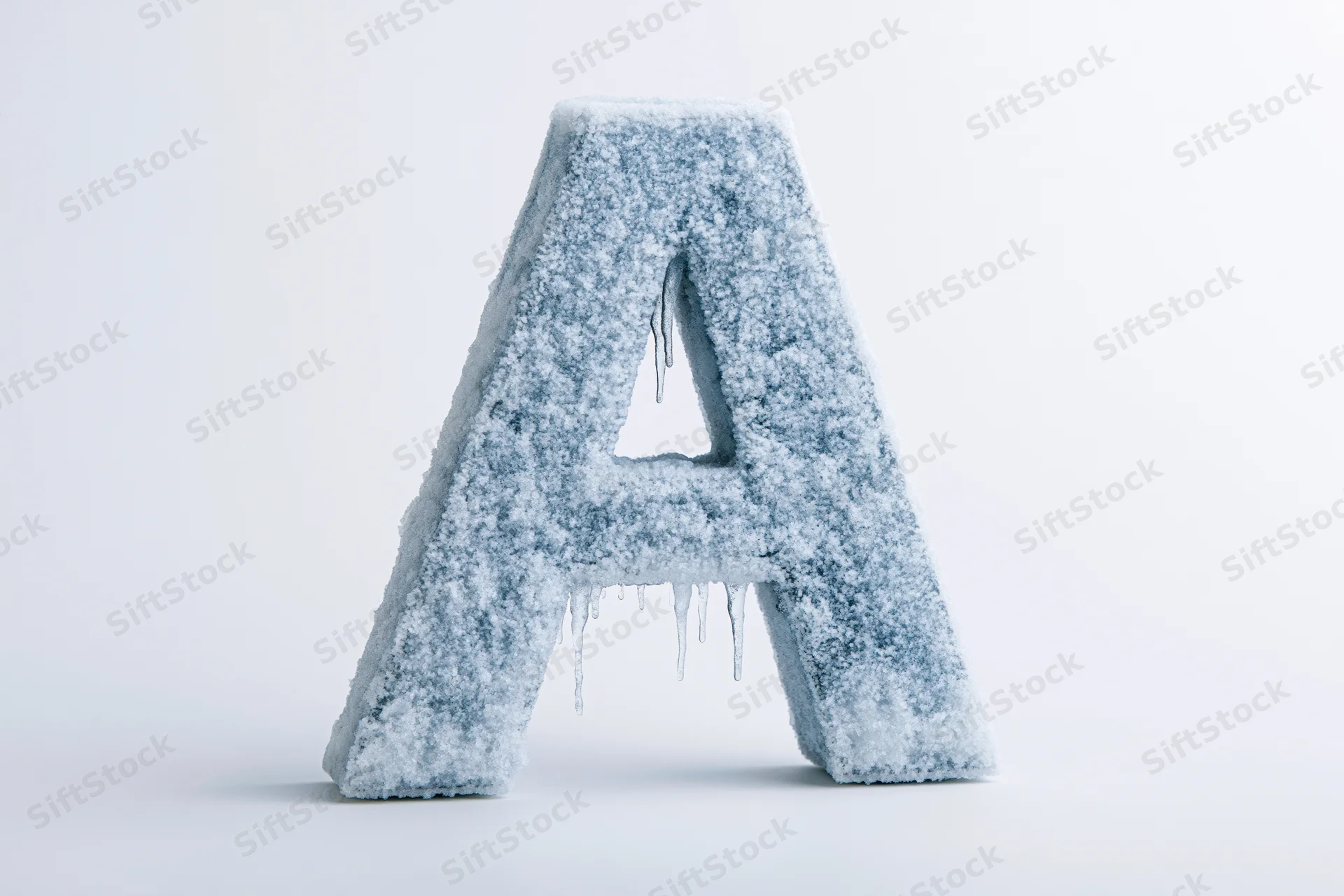 Frost-covered capital letter a with icicles on white background