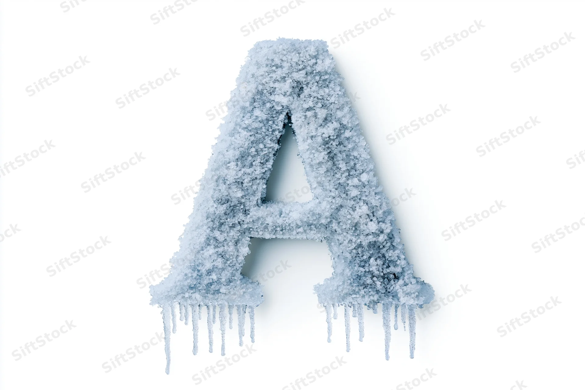 Frost-covered capital letter A with icicles hanging from its base, isolated on white