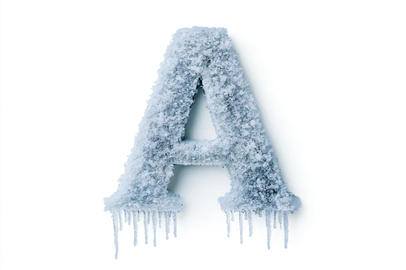 Frost-covered capital letter A with icicles hanging from its base, isolated on white