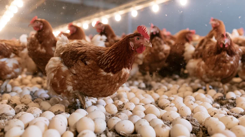 Brown hens standing among scattered eggs inside a lit poultry barn