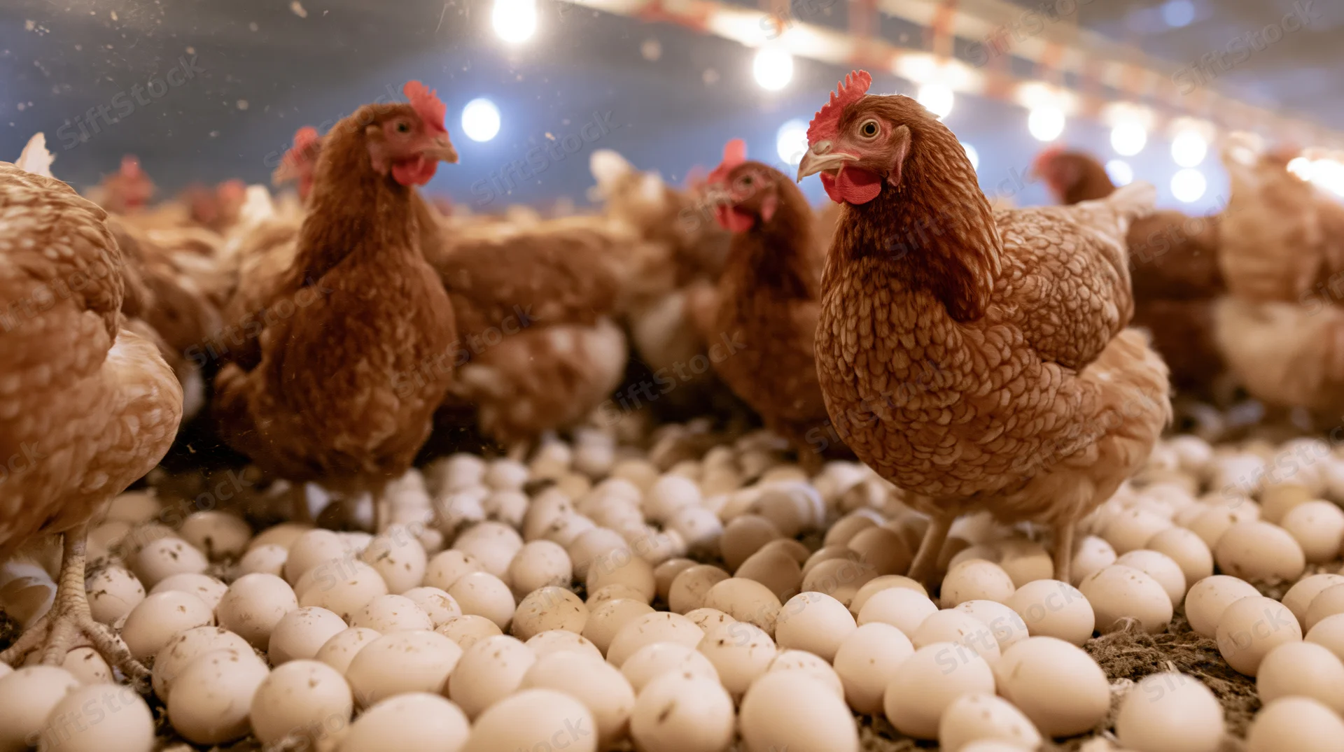 Brown hens standing among white eggs in a commercial poultry barn interior